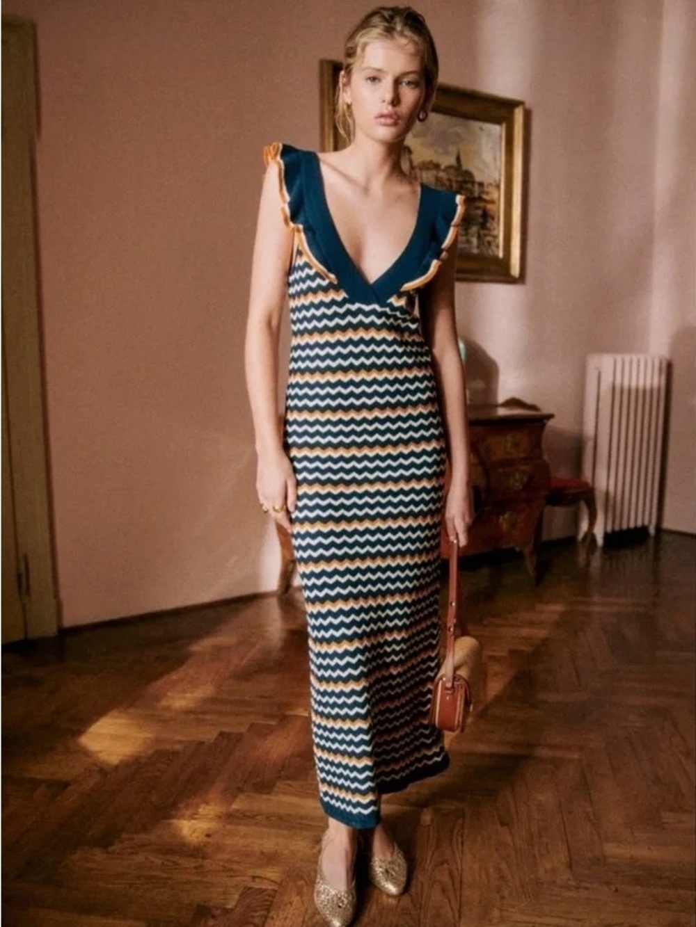 Sezane Simona Dress Navy Ochre Size XS Knit Midi Dress Blue Zig-Zag